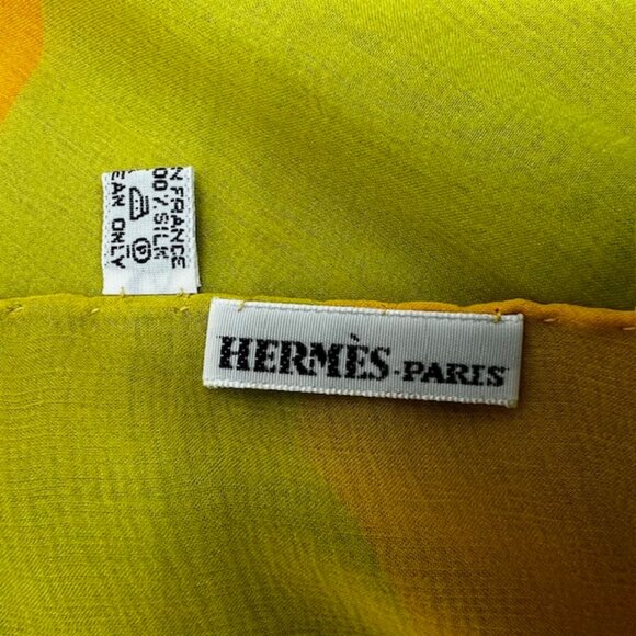 HERMES ParisLightGreen Orange Chiffon silk Scarf 70"x2 8  Logo H PrintFringe(34 - Picture 10 of 14
